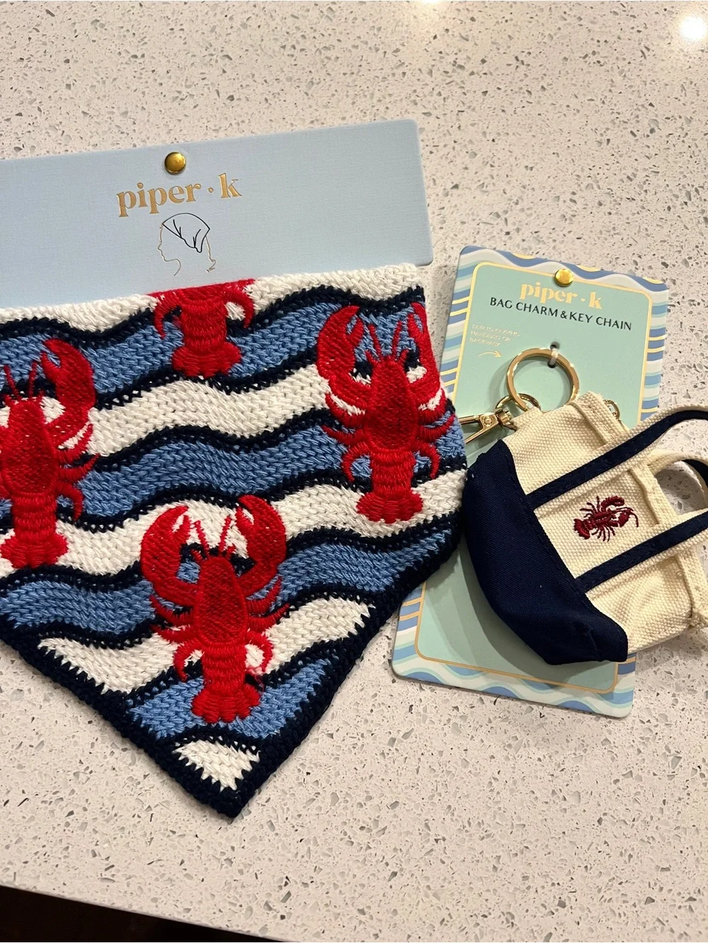 Piper K Lobster Bandana and Bag Charm Set with red lobster appliqués
